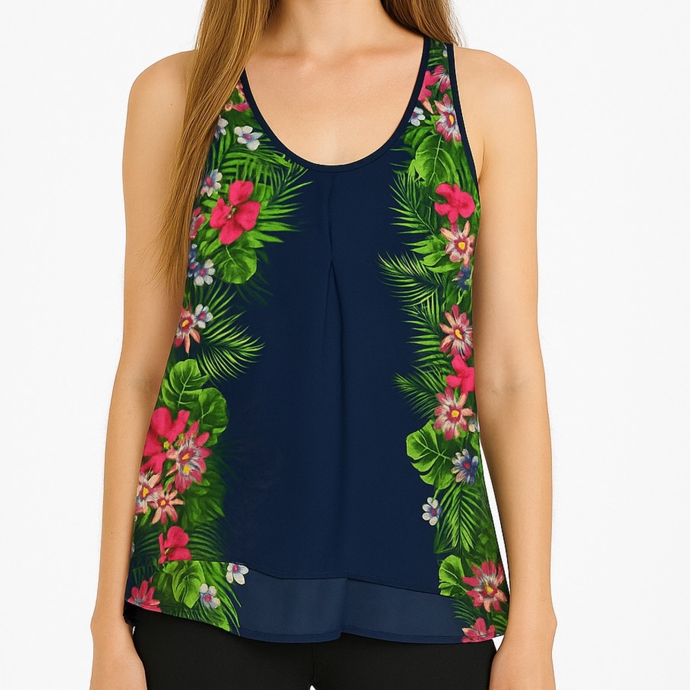 Candie’s Navy Floral Tropical Print Sleeveless Tank Top with Back Bow – Women’s